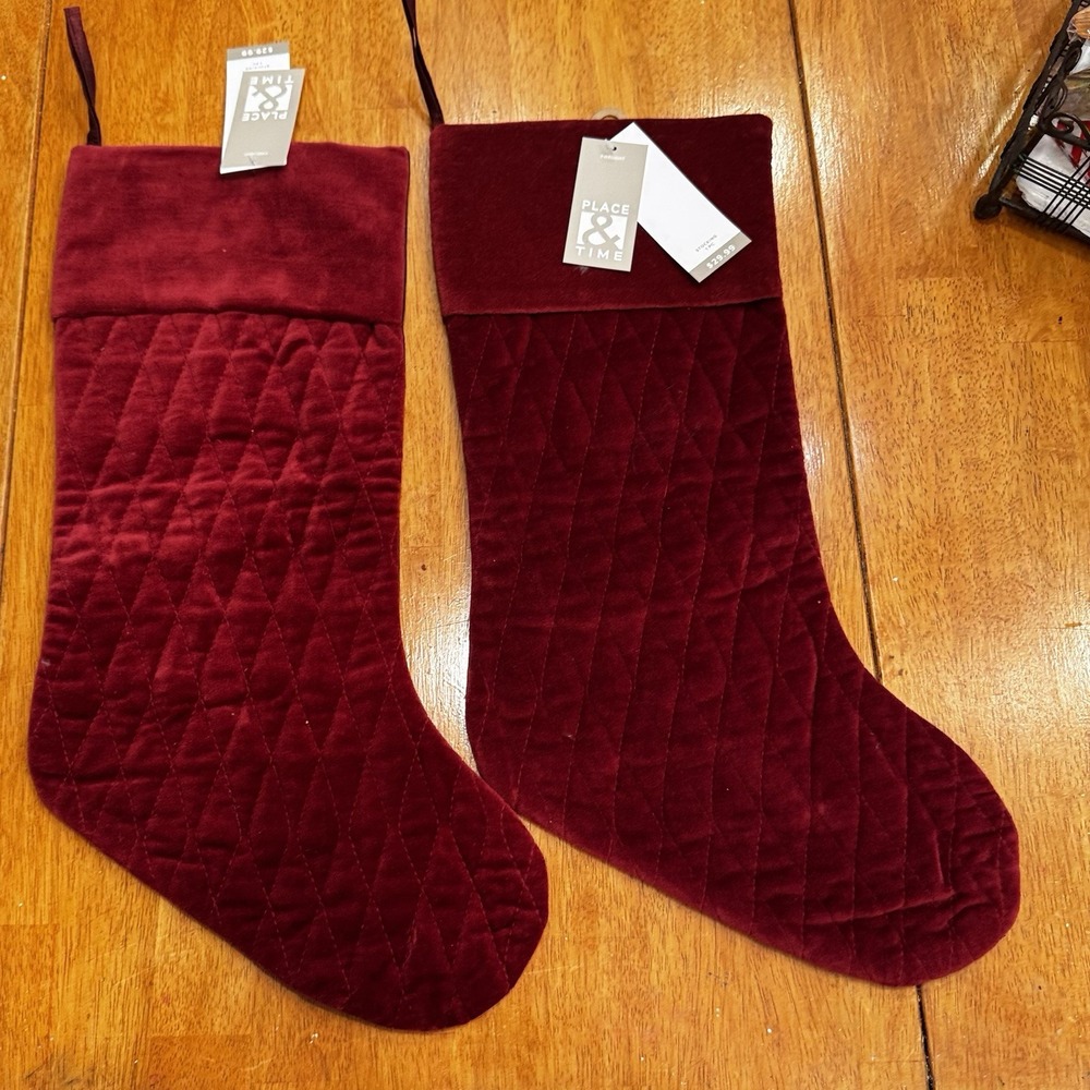 NEW NWT LOT OF 2 Place And Time HOLIDAY STOCKING CHRISTMAS LARGE Burgundy
